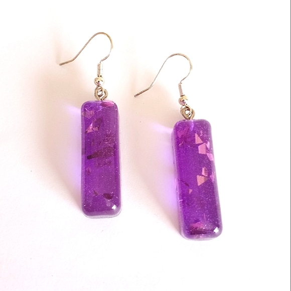 Purple chunky glitter bar dangle earrings with silver hooks new handmade Resin - Picture 2 of 6